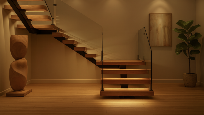 Modern floating staircase with custom hardwood treads and glass railing in a luxury home